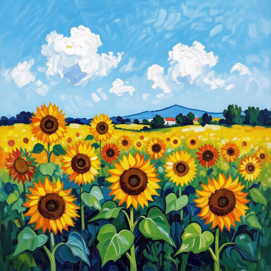 Sunflower Field in Van Gogh Post-Impressionist Style