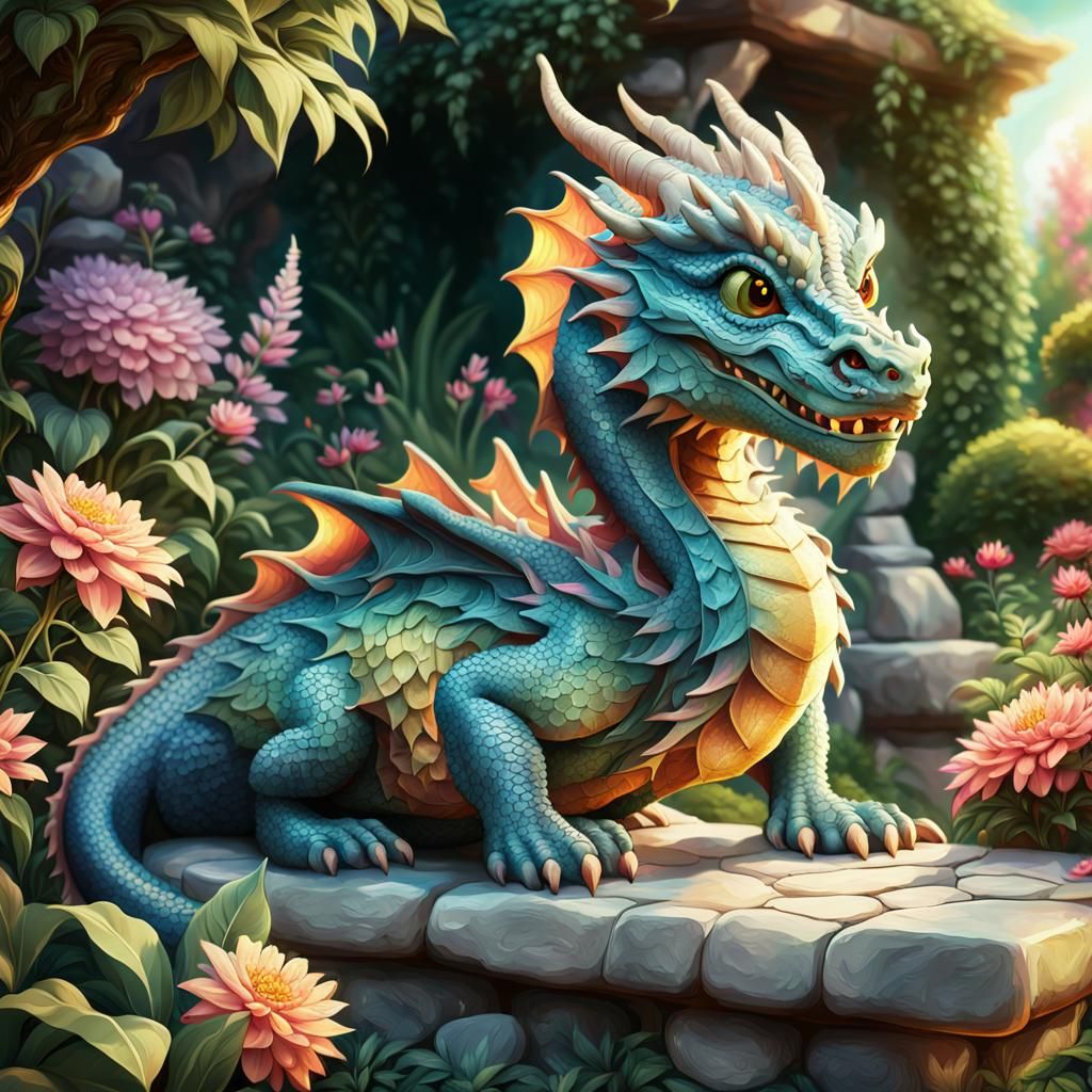 Cute Dragon in Garden: Hyperrealistic Concept Art