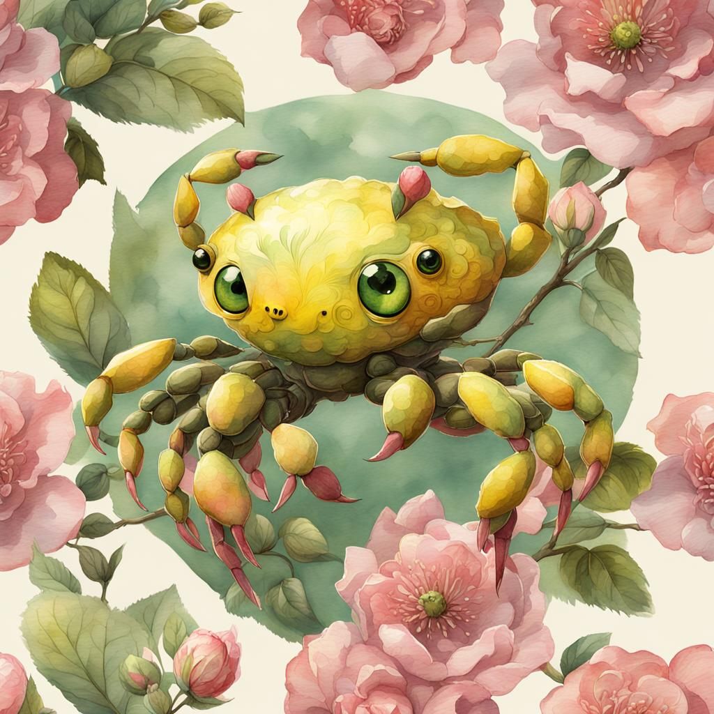 Adorable Crabapple Floral Creature, Big Yellow Eyes, Rose Pink and Sage Green, 3d shading, Late Afternoon, Backlit, 8k R...