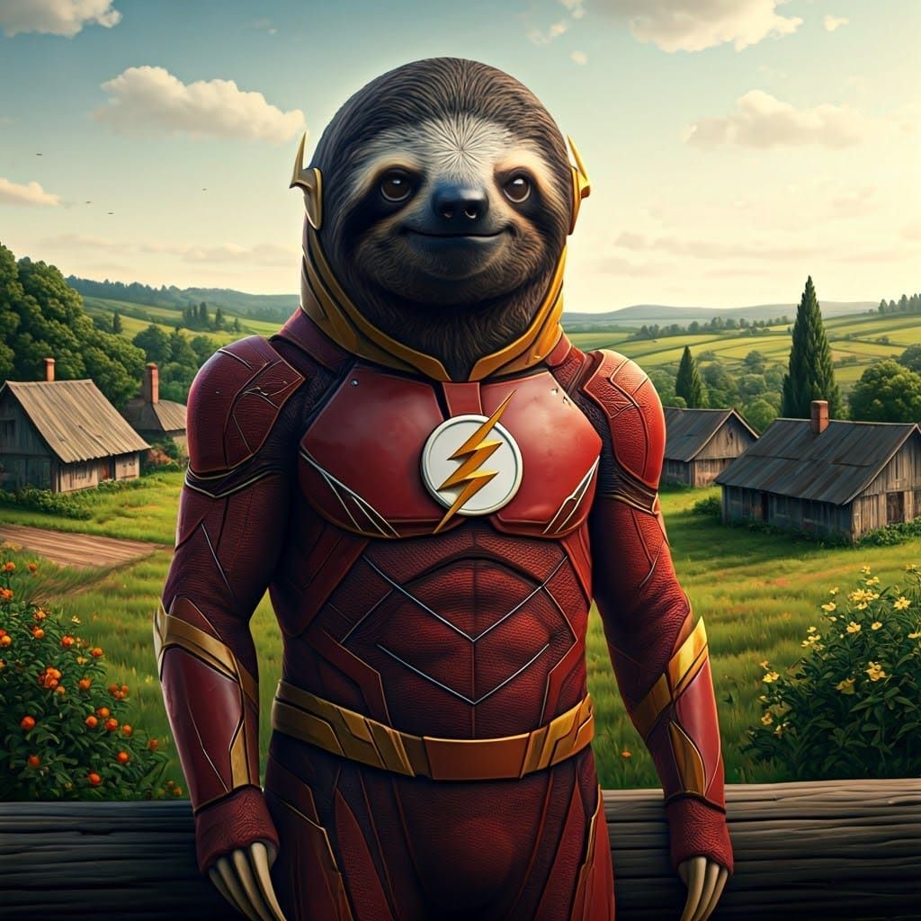 Sloth in Flash Superhero Costume at a Village