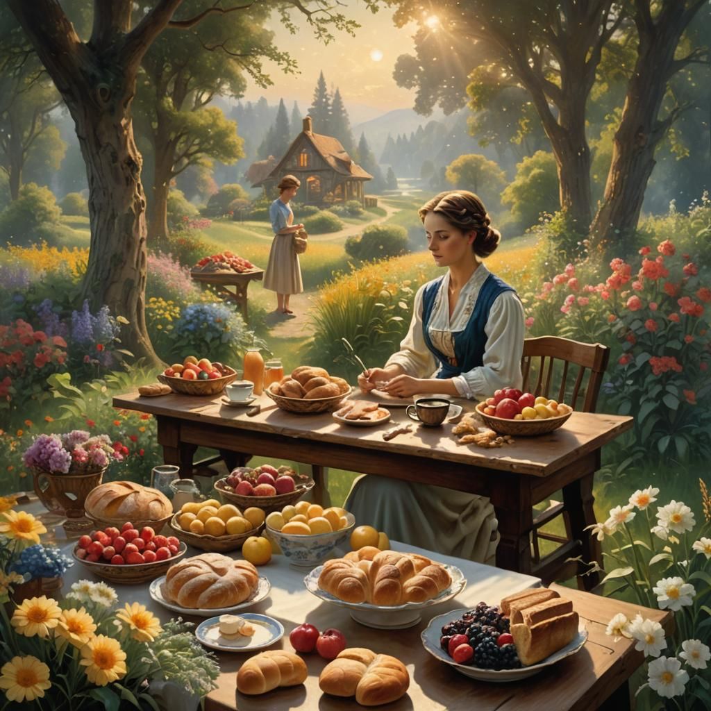 Idyllic Woman at Table in Ethereal Fantasy Landscape