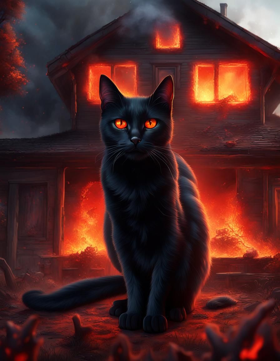 Black Cat Portrait with Burning House Background