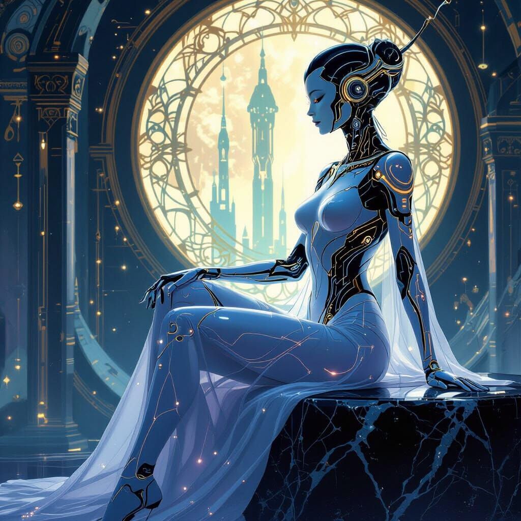 Android Queen on Obsidian Throne in Art Nouveau Style