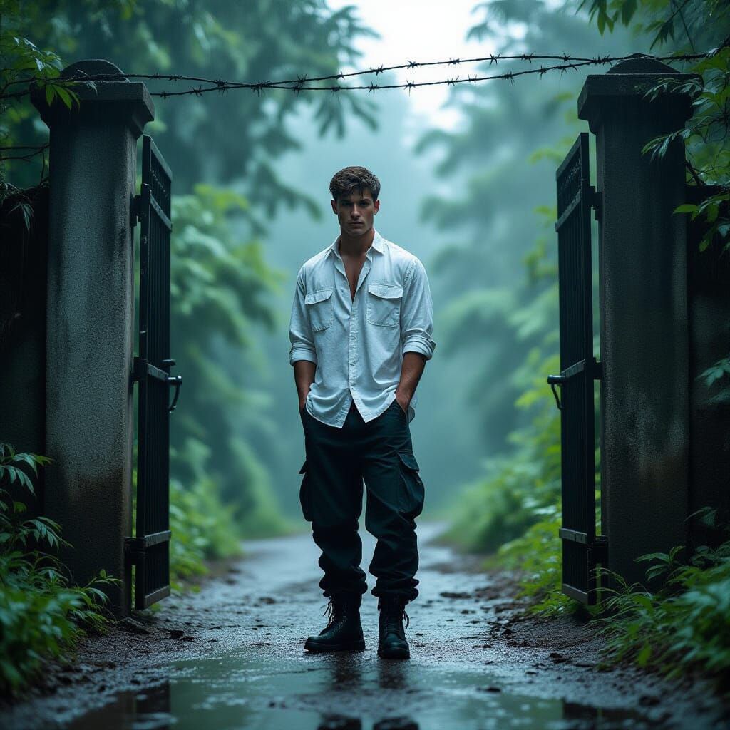 Man in Misty Forest, Cinematic Low-Angle Shot