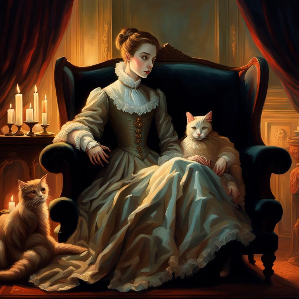 Vampire in Candlelight with Cats: Neoclassical Oil Painting
