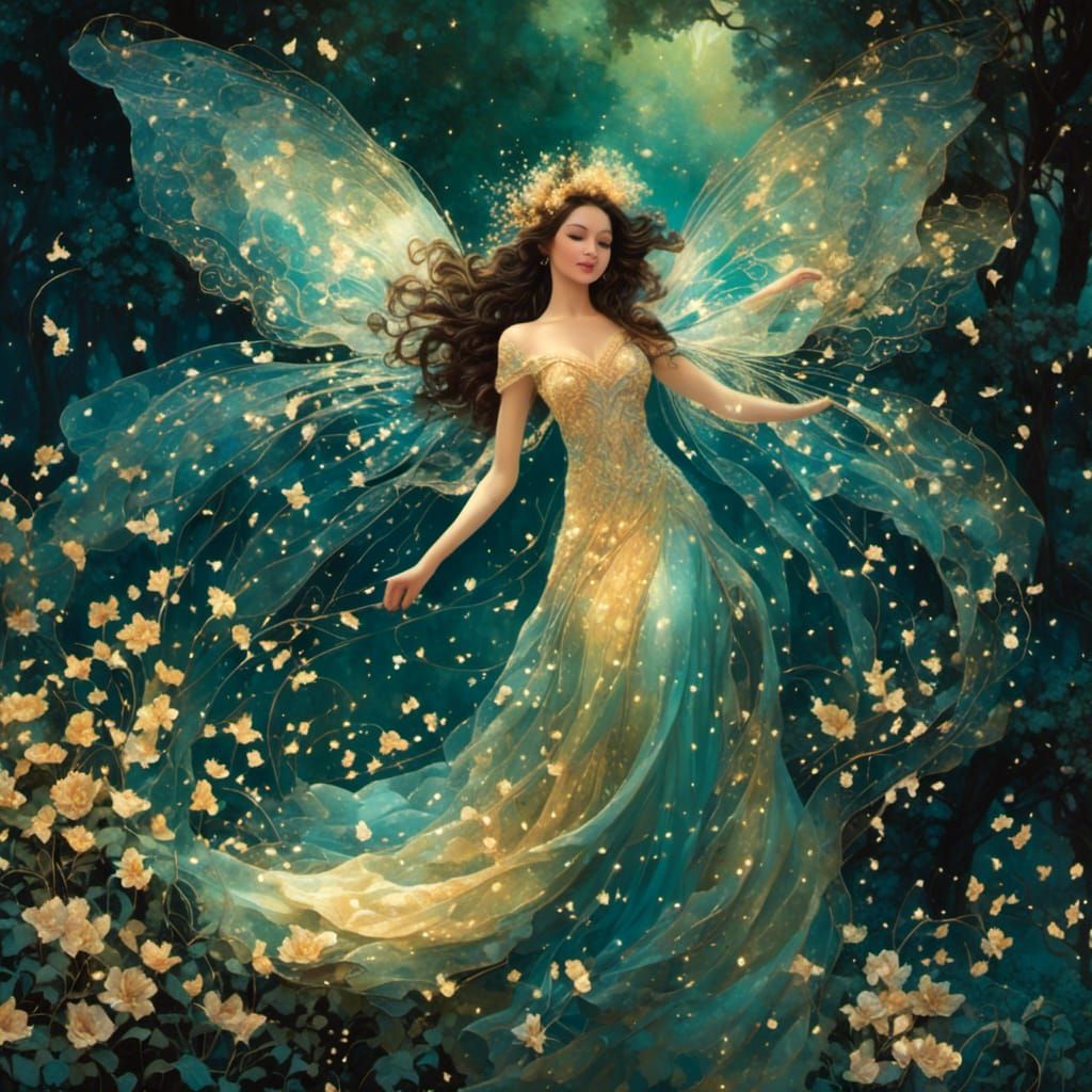 Fantasy Fairy in Flight with Iridescent Wings