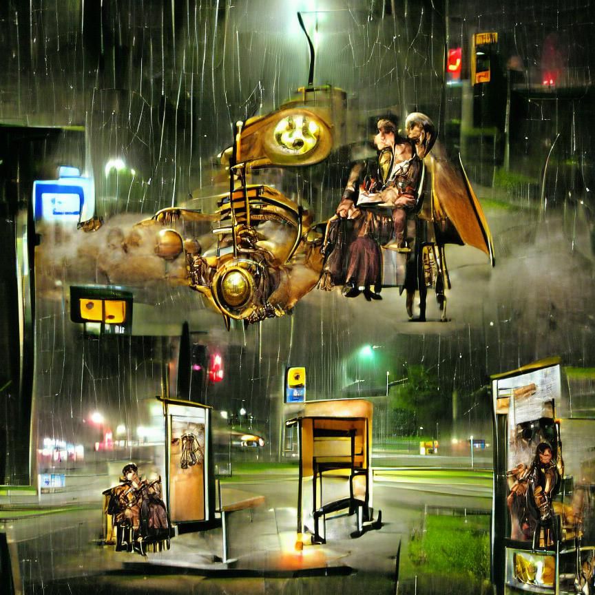 Steampunk Bus Stop at Night in the Rain