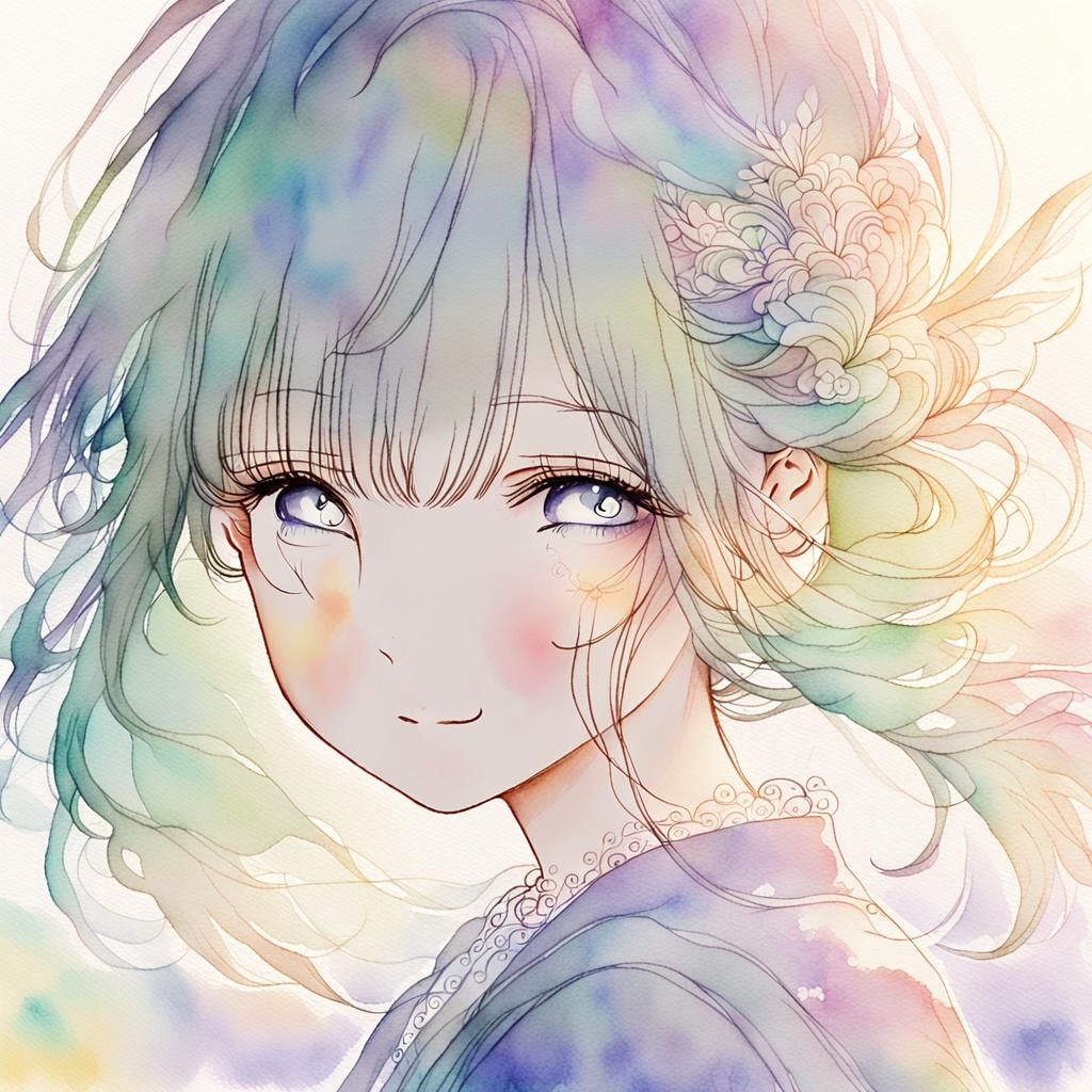 Anime Girl Pencil Sketch with Watercolor Hair