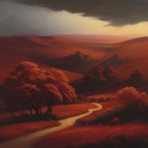 Crimson Valley Oil Painting with Dramatic Chiaroscuro Lighti...