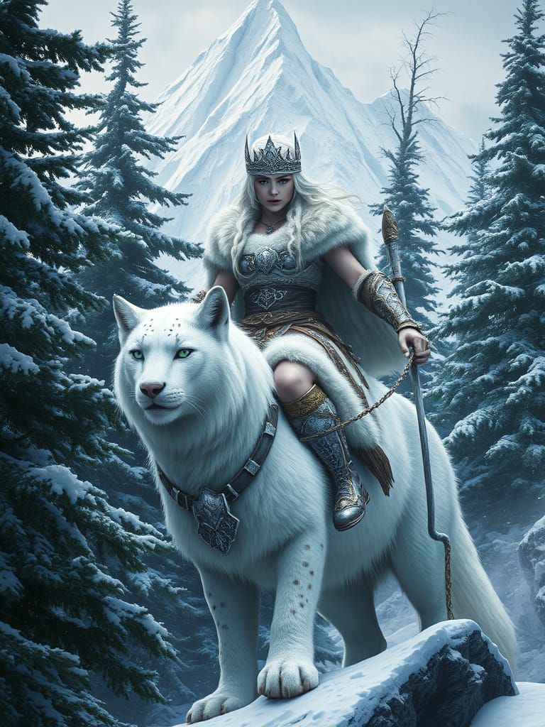 Regal Albino Barbarian Warrior Queen in Frosty Landscape