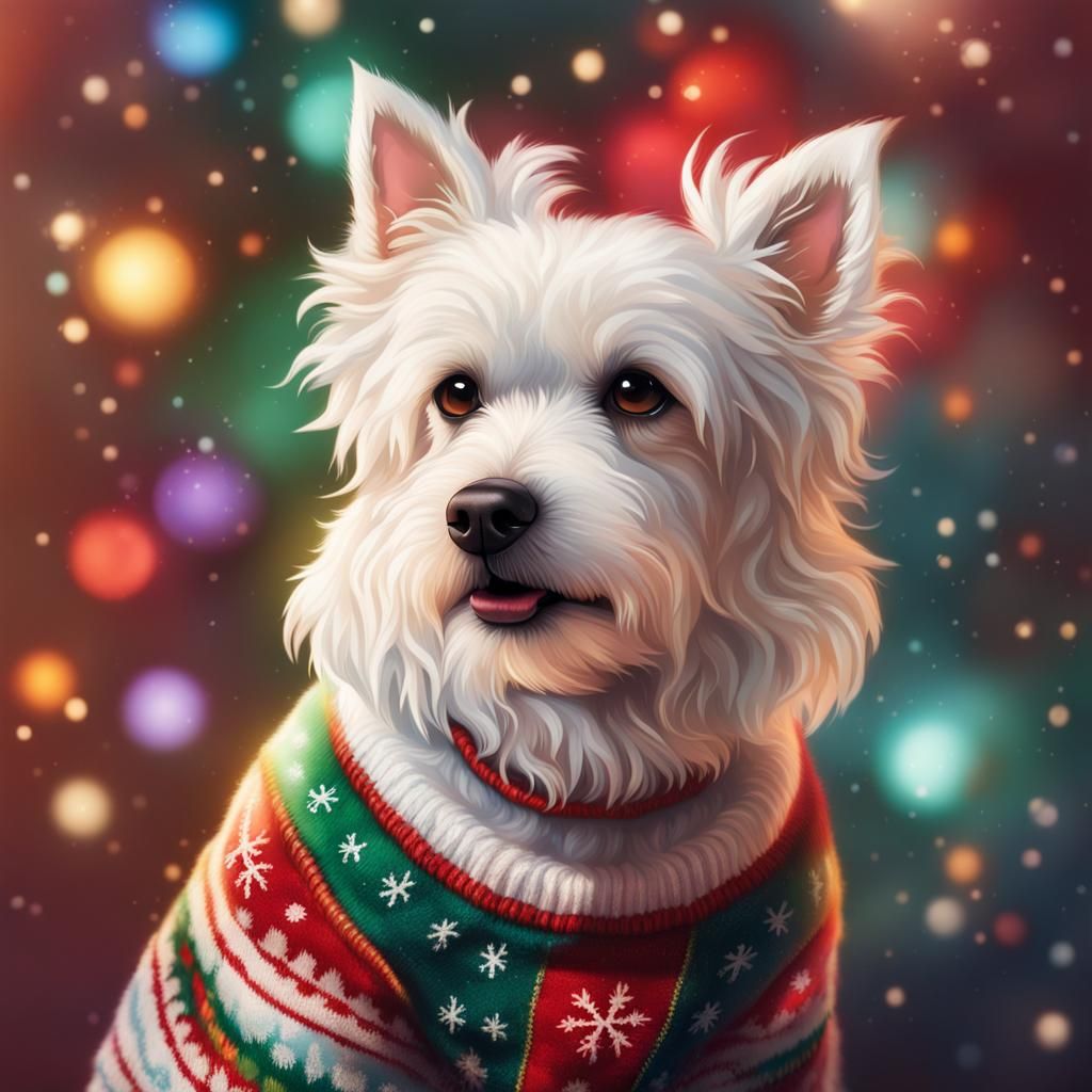 Dog in Christmas Sweater Hyperrealistic Splash Art