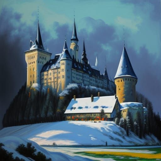 Snowy Medieval Castle Courtyard in Neo-Impressionist Style