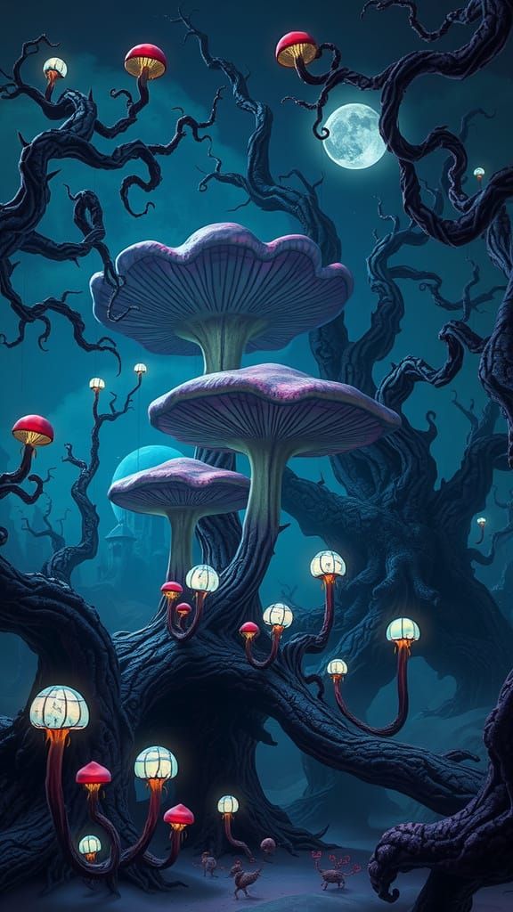 Surreal Bioluminescent Mushroom Forest with Ethereal Creatur...
