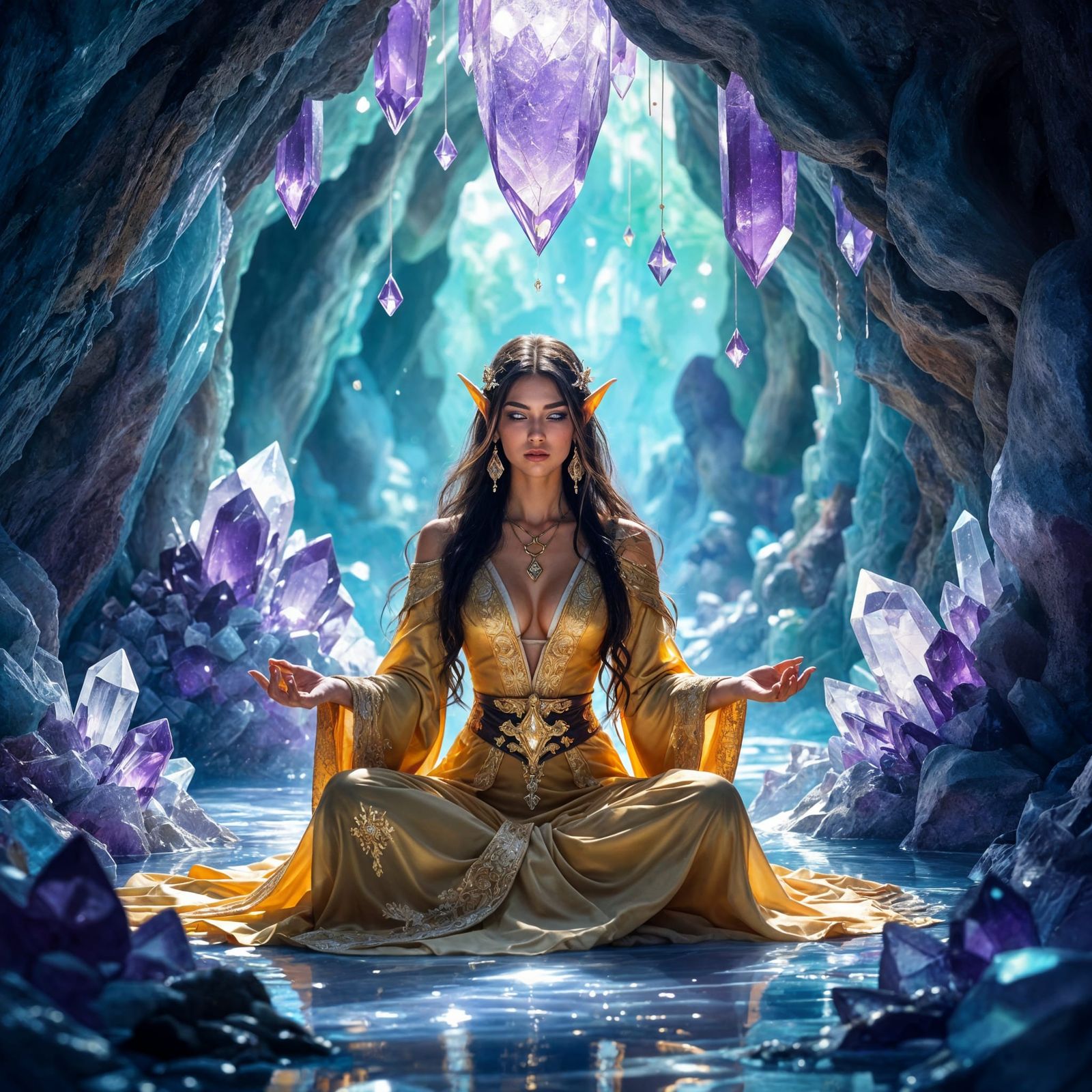 Elven Sorceress Meditates in Encaustic Wax Style