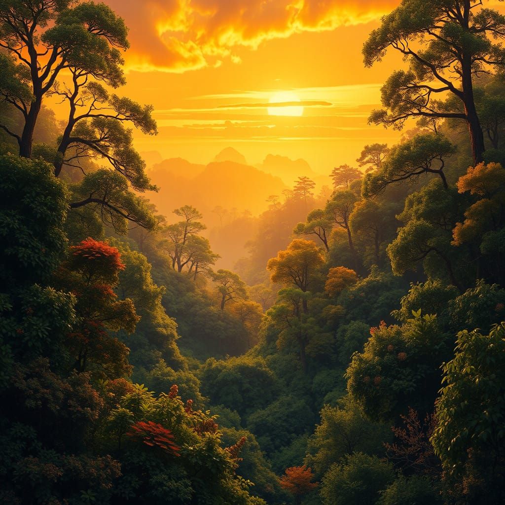 Vibrant Hyperrealistic Jungle Landscape at Golden Hour