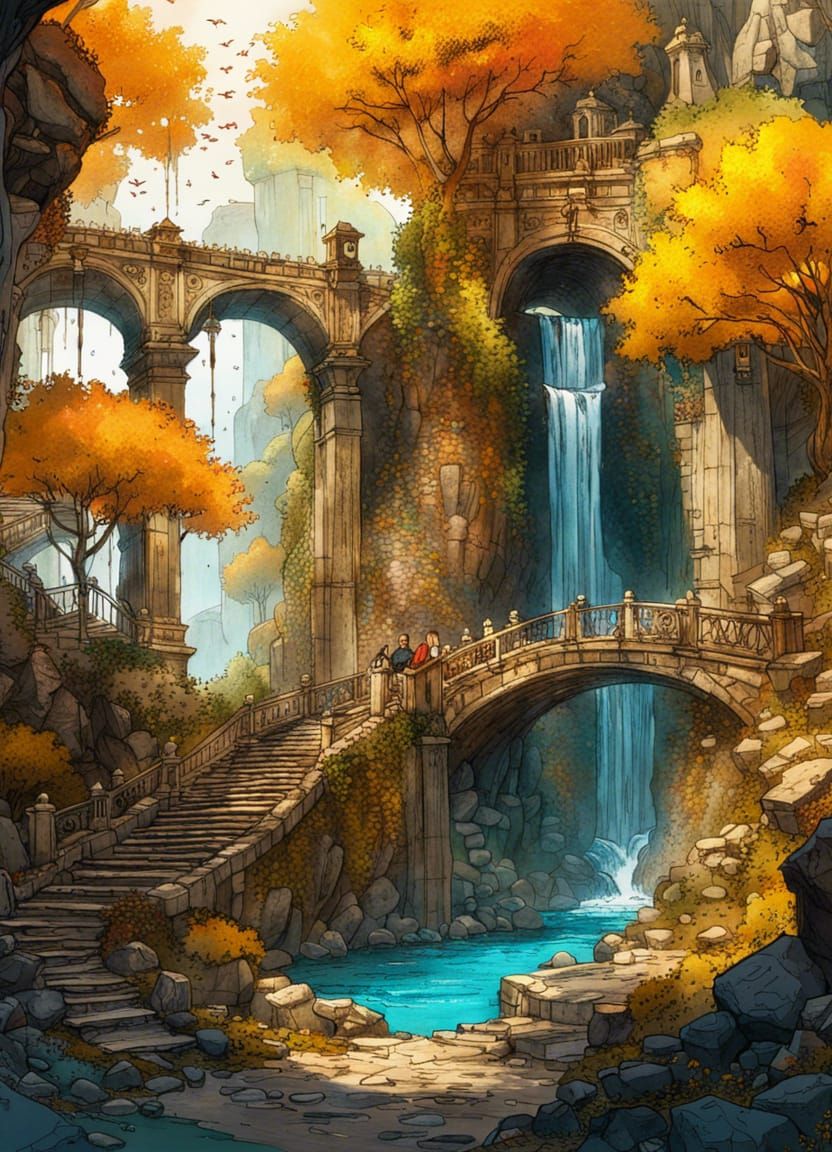 Greco-Roman Ruins Under Golden Tree: Ink Illustration