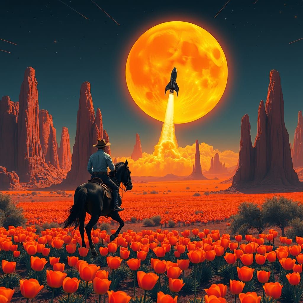 Surreal Synthwave Cowboy Rides Through Desert with Rocket La...