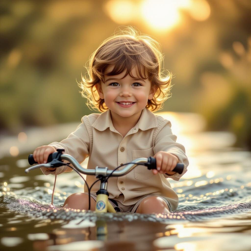Joyful Child Tying Shoelaces in Golden Hour Light