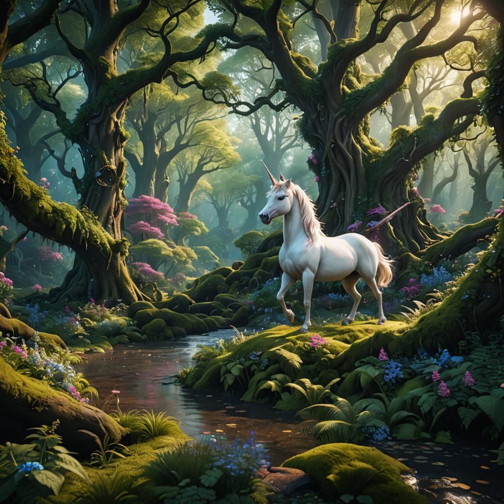 Enchanted Unicorn in Magical Forest: Detailed Matte Painting