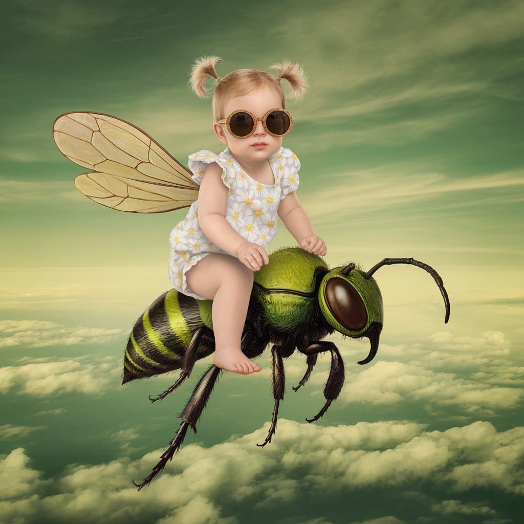 Toddler on Giant Bee Flying Above Clouds