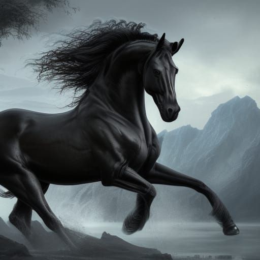 Beautiful Black Horse in Detailed Fantasy Art