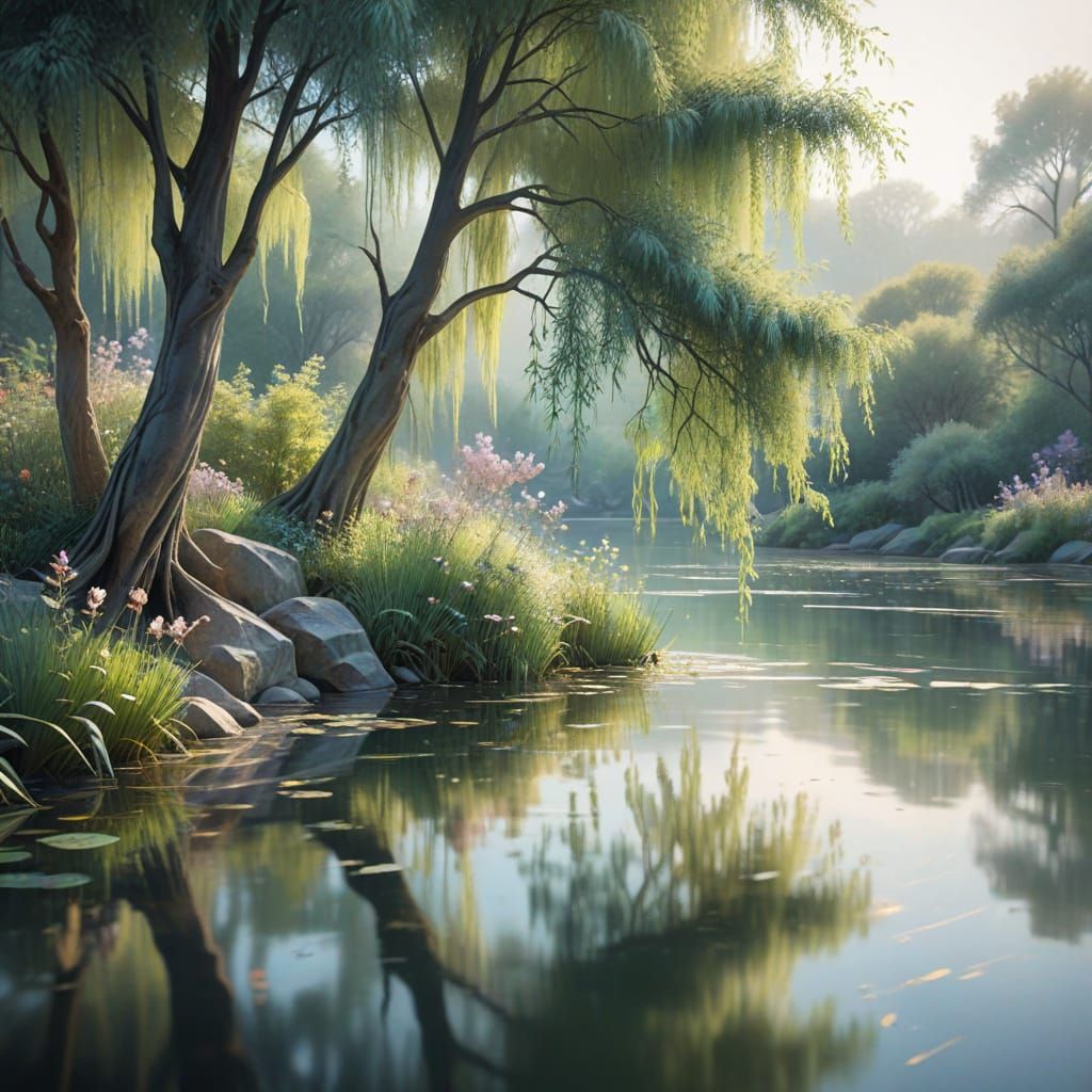 Soft Focus Watercolor Landscape of a Serene Lakeside Scene