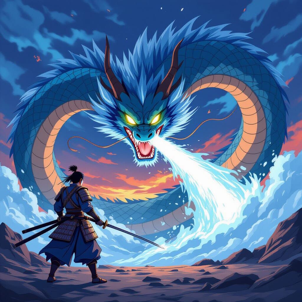 Samurai Battles Colossal Blue Dragon in Anime Style