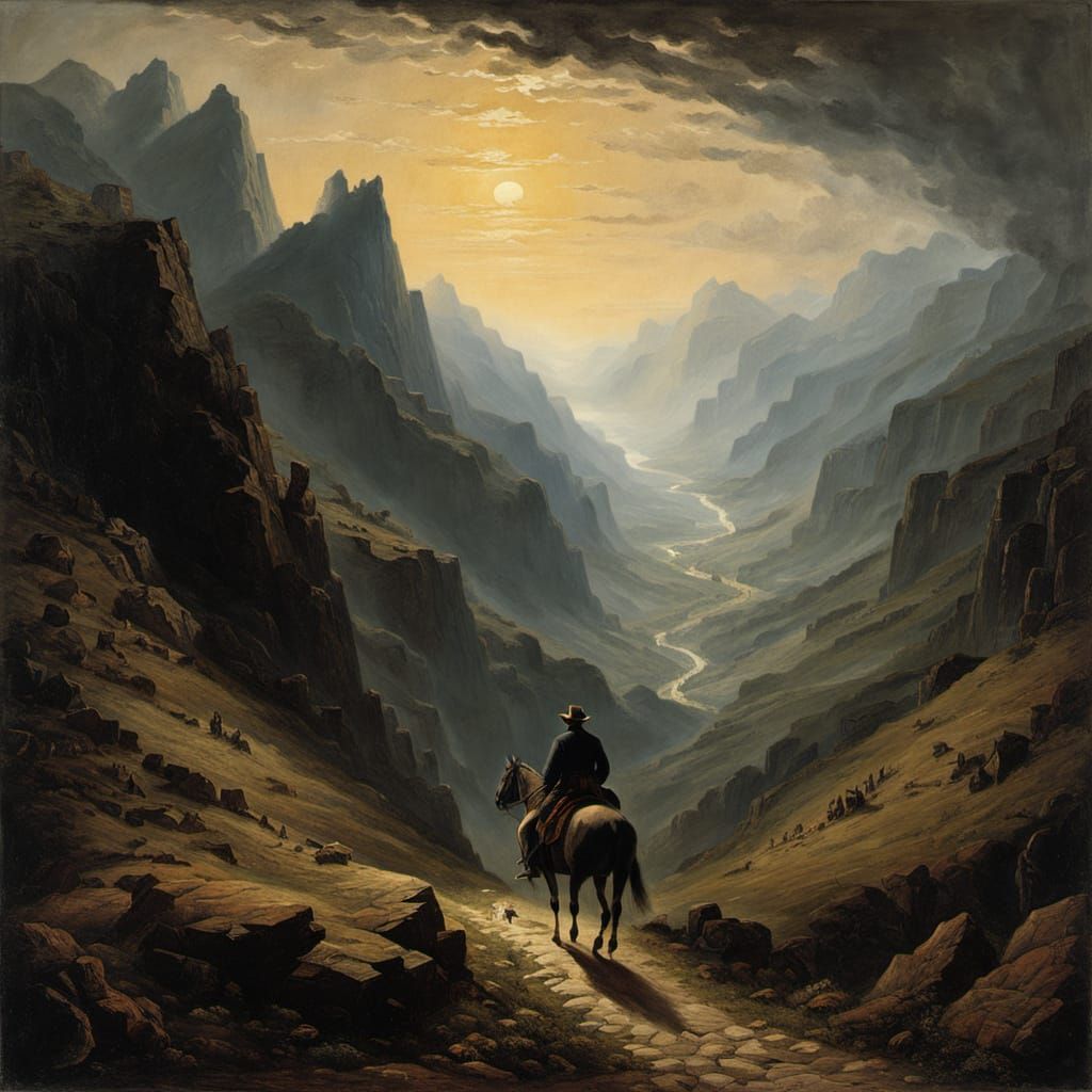 Dramatic Mountain Pass Inspired by Bierstadt and Friedrich