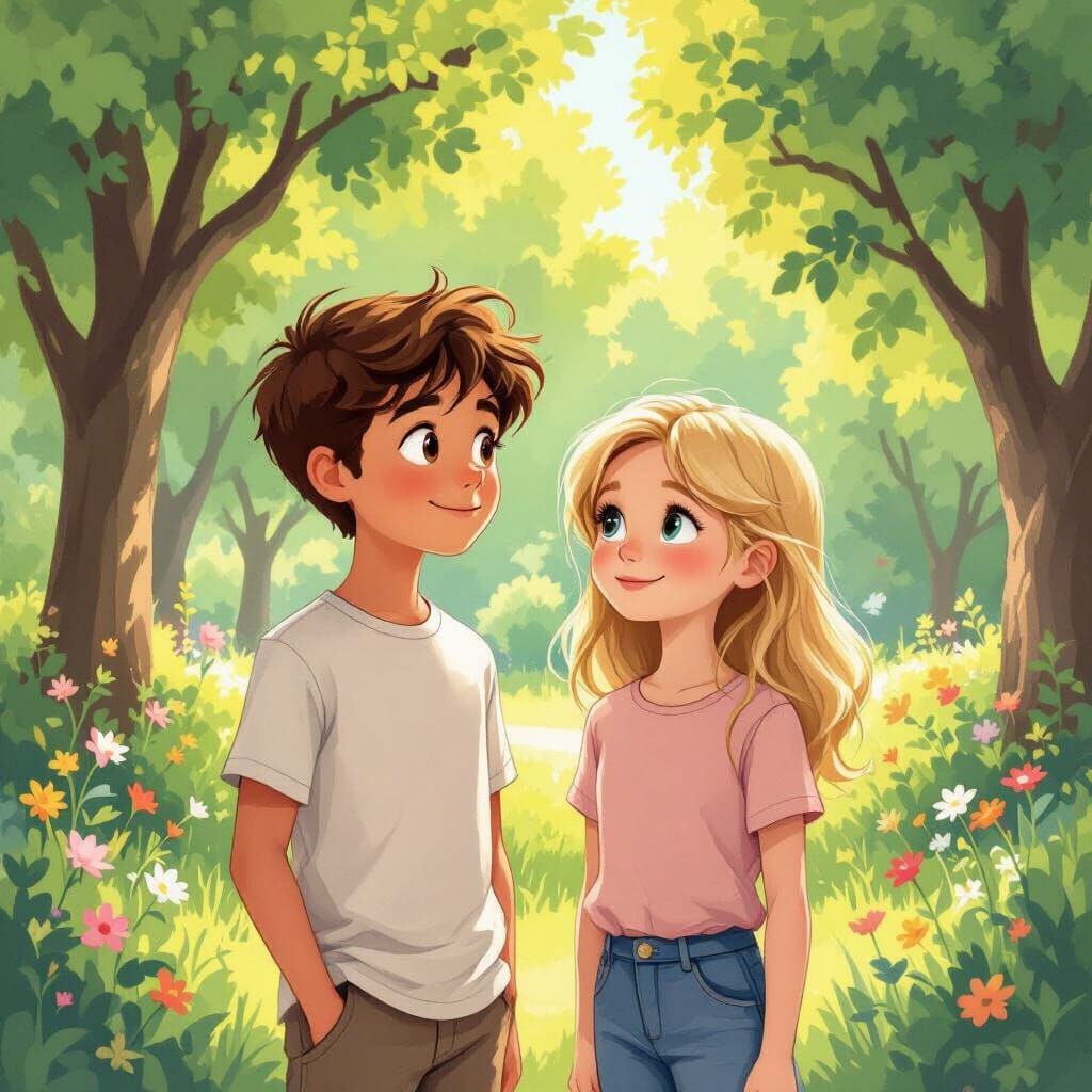 Children in a Sunny Park, Illustrative Style