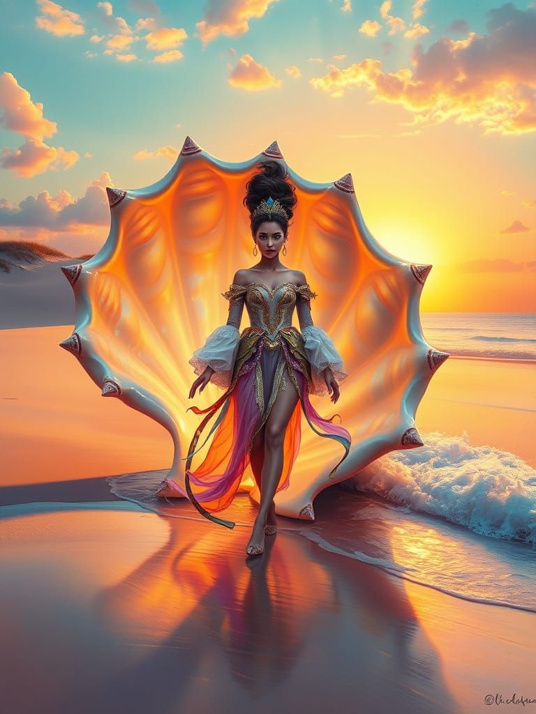 Enchanting Magician Emerges from Conch Shell at Sunset