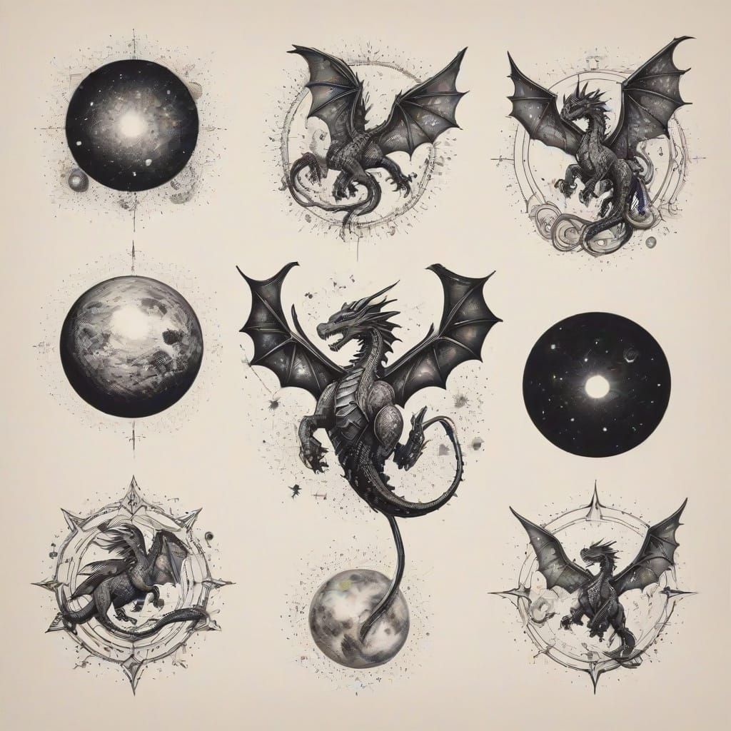 Cosmic Dragons Tattoo Flash Sheet in Bold Style