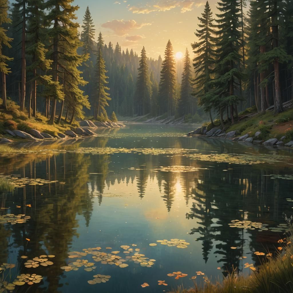 Mountain Lake at Sunset: An Impressionistic Digital Painting