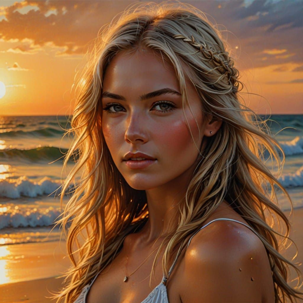 close up female long blonde hair, sunset beach, natural beau...