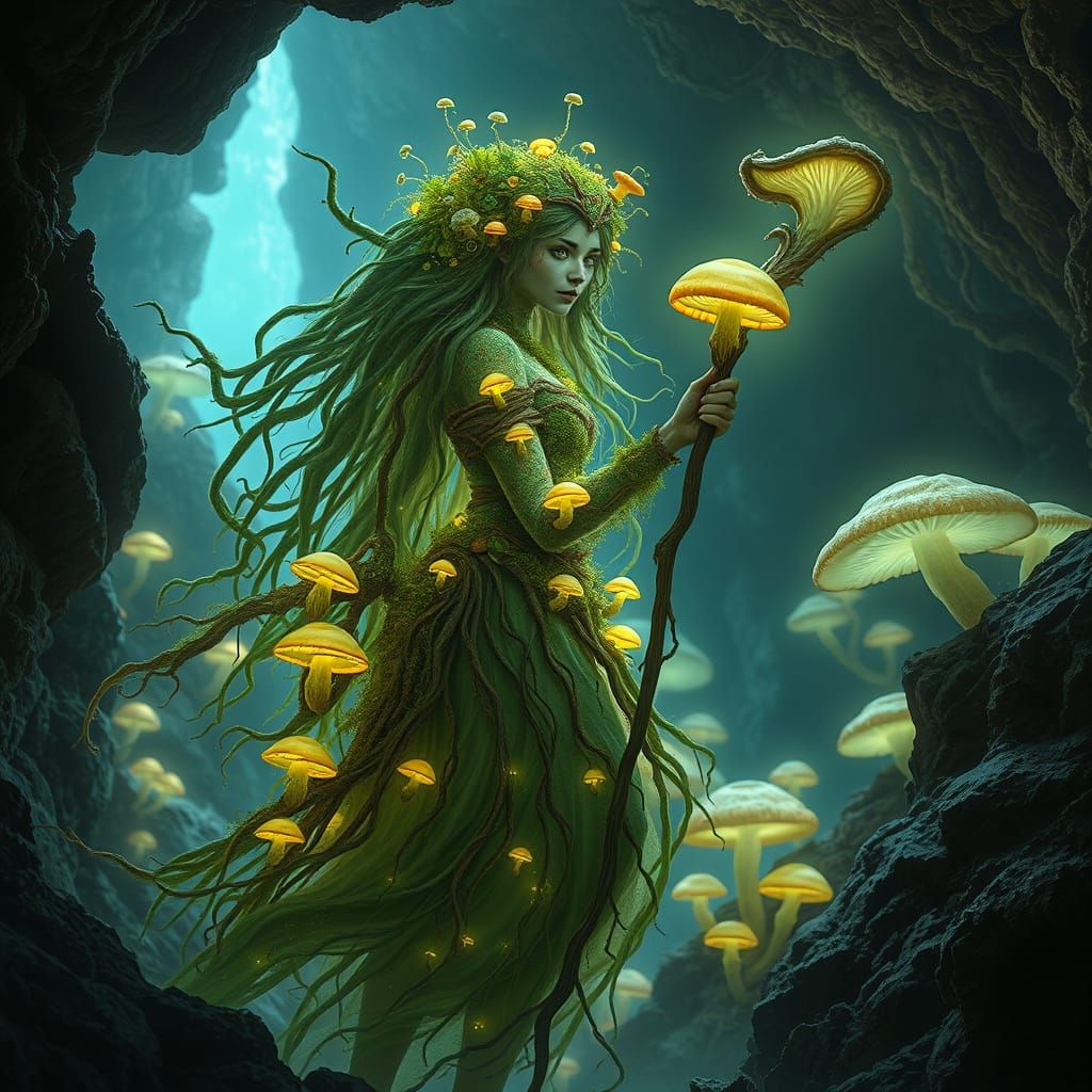 Fungal Druid of Bioluminescent Cave in Pale Mycelium and Eme...