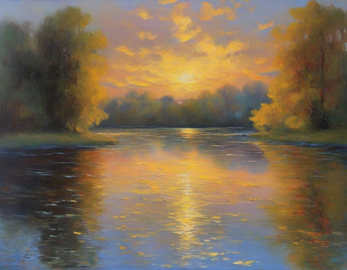 Impressionist Pond at Twilight in Oil Paint