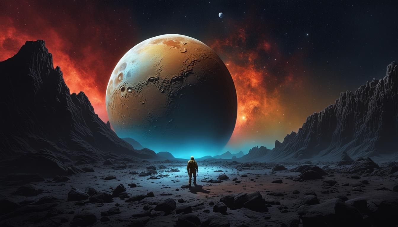 Charon in Pluto's Sky: Hyperrealistic Concept Art