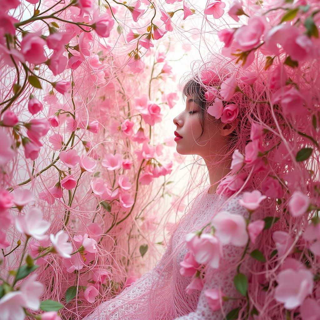 Dreamy Woman in a Pink Flower Forest