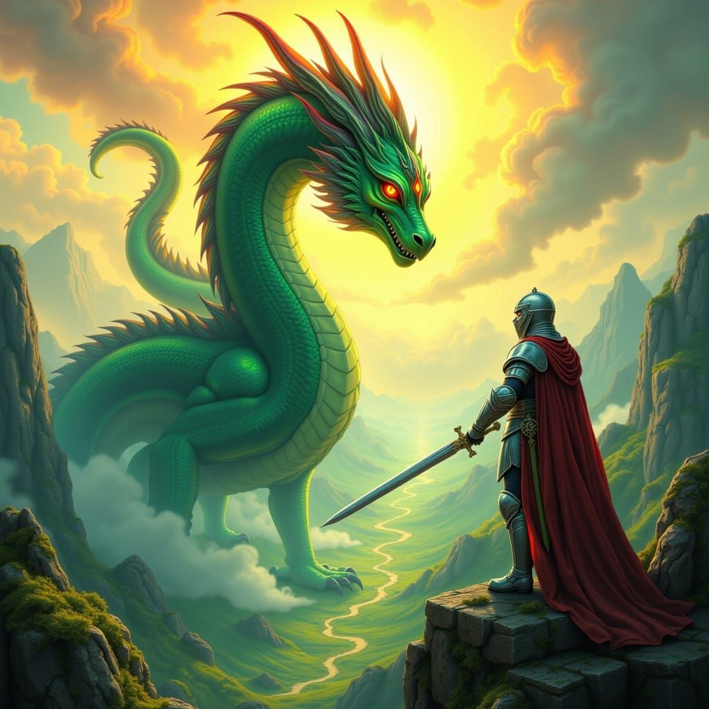 Knight vs Dragon in Epic Fantasy Landscape