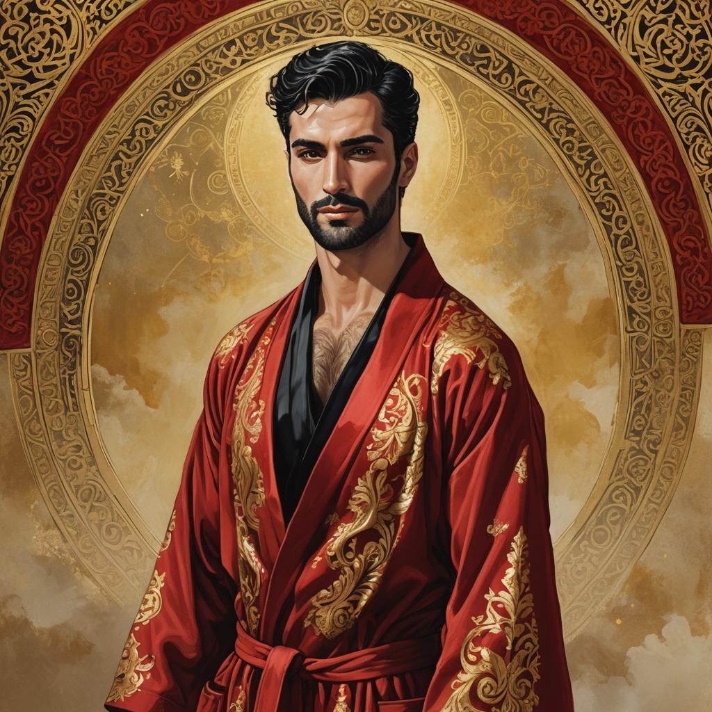 Godlike Man in Red Velvet Robe at Sunrise