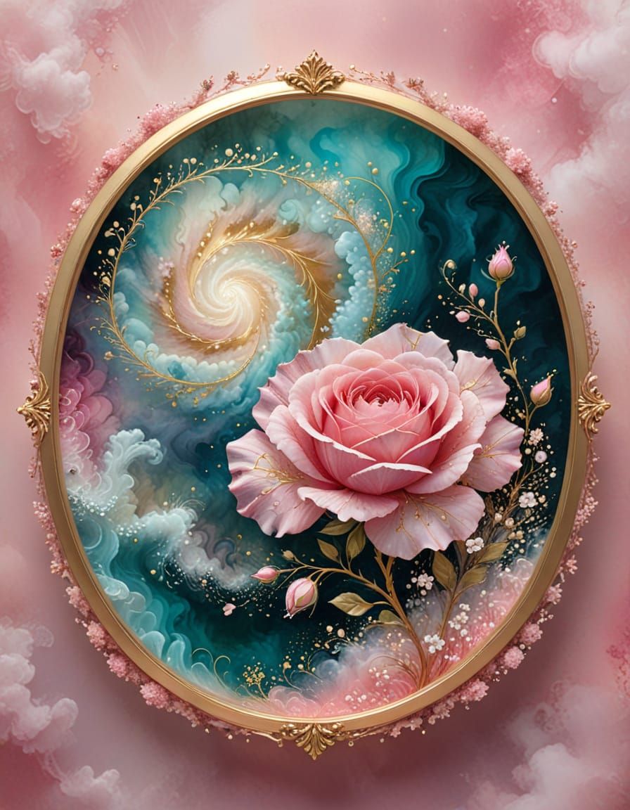 Pink Mose Rose and Baby's Breath in Gold Frame