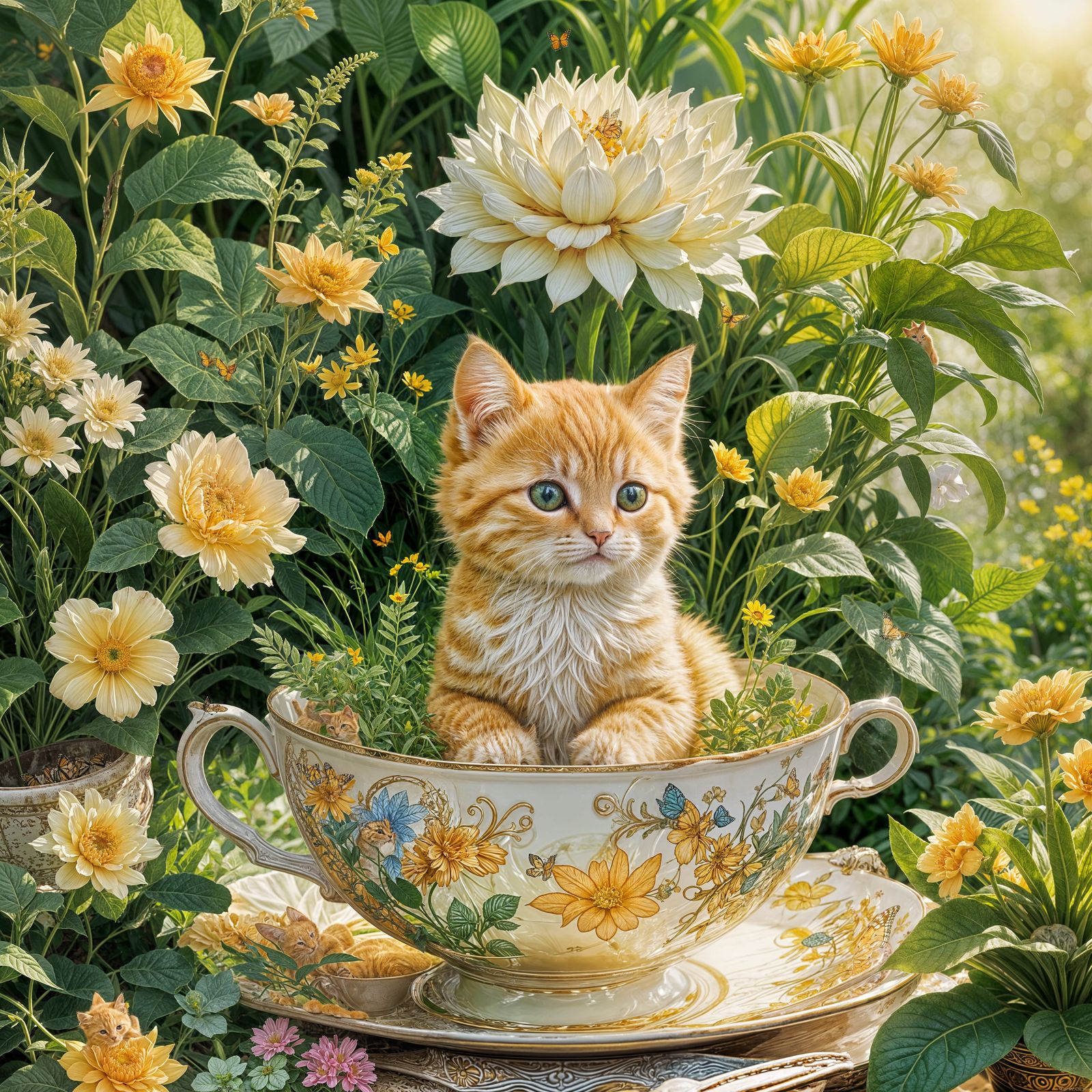 Kittens Peeking from Teacup with Vibrant Plants