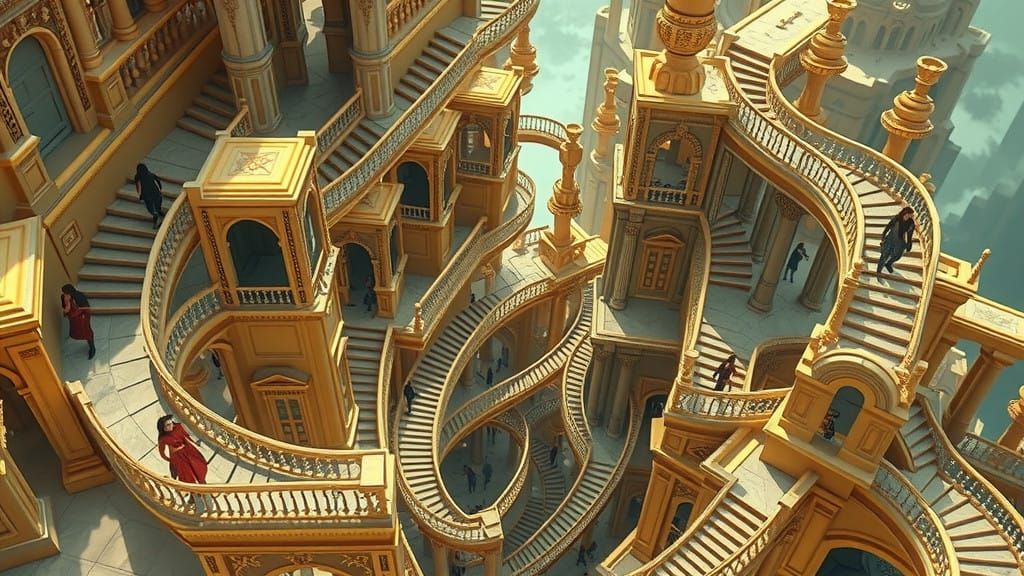 Surreal Cityscape of Flying Women in Infinite Escher-Inspire...