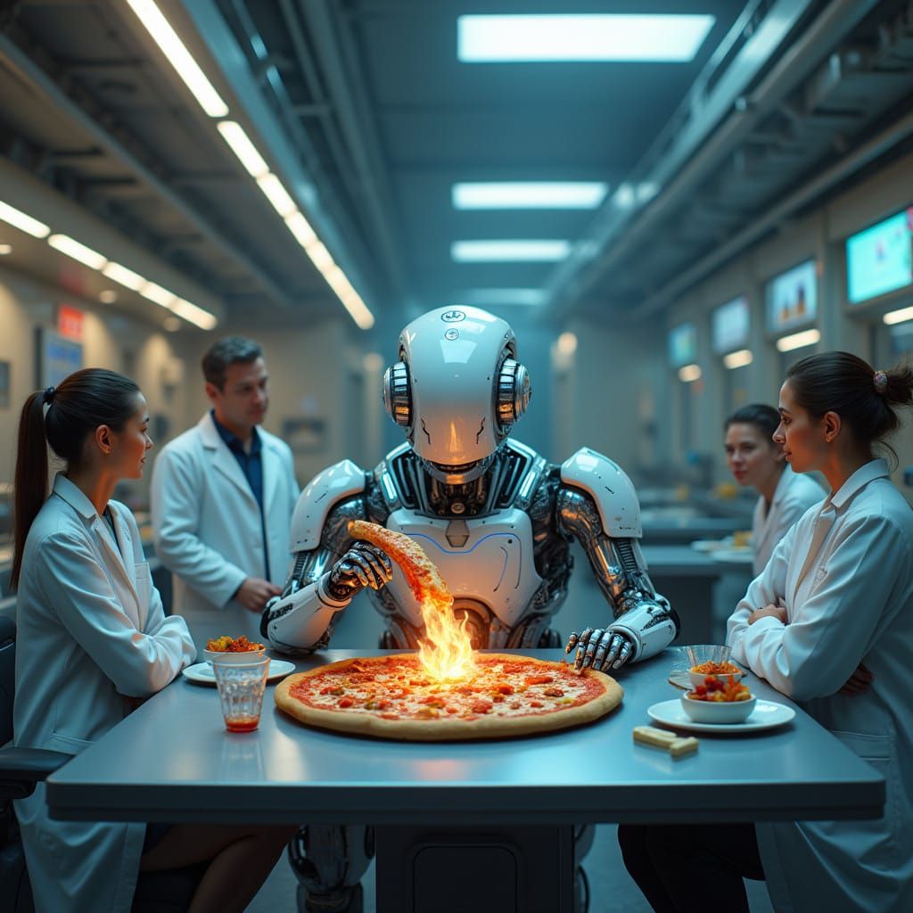 Futuristic Robot Devours Pizza in High-Tech Lab