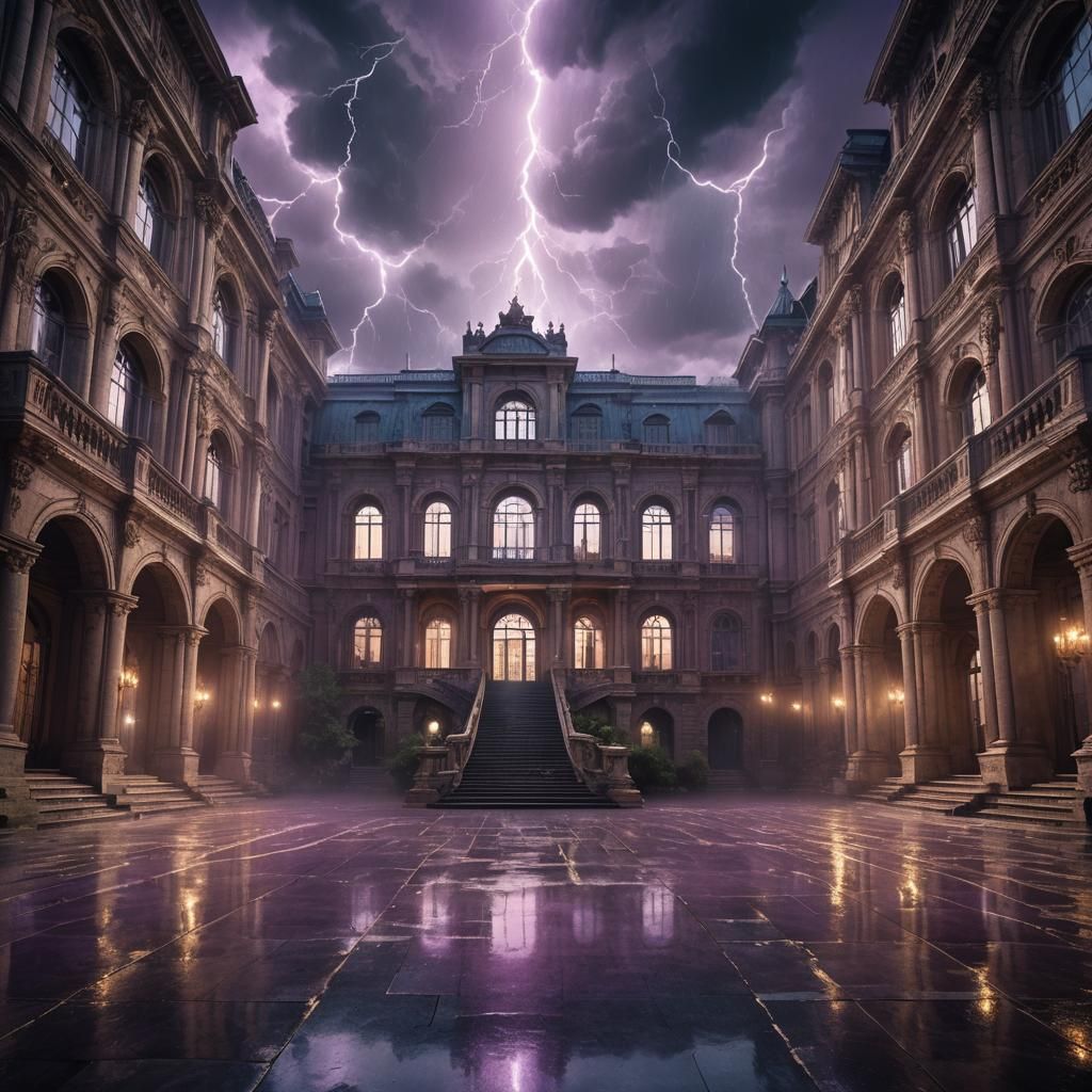 Dramatic Palace Reflecting Lightning in a Thunderstorm