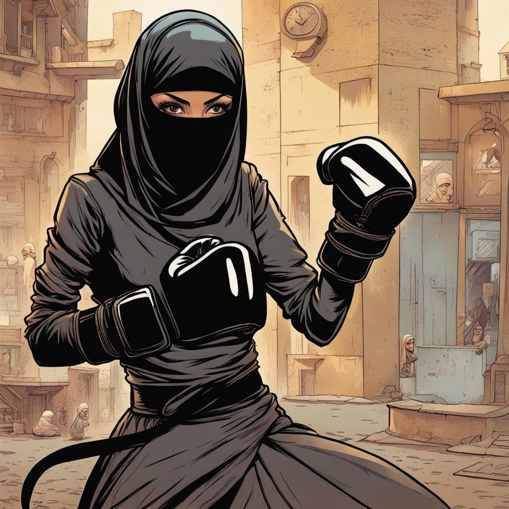 Muslim Woman in Niqab with Boxing Gloves