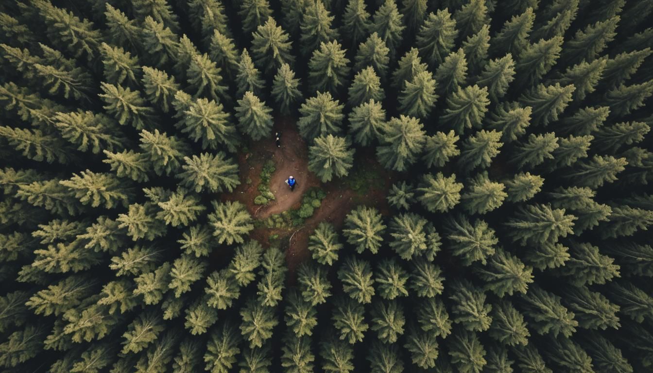 Dramatic Top-Down Forest Landscape with Tiny Human