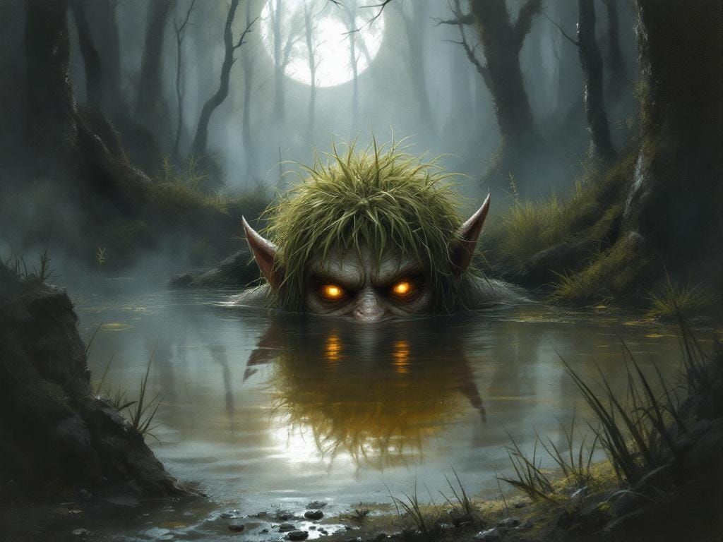 Nykr Hiding in Forest Pond, Moody Lighting