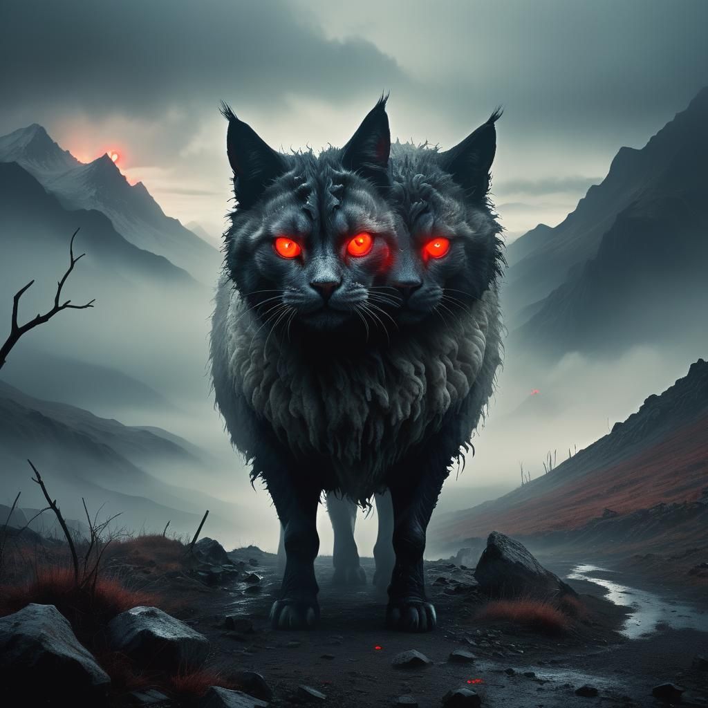 Eerie Cat-Sheep Hybrid in Dark Fantasy Landscape