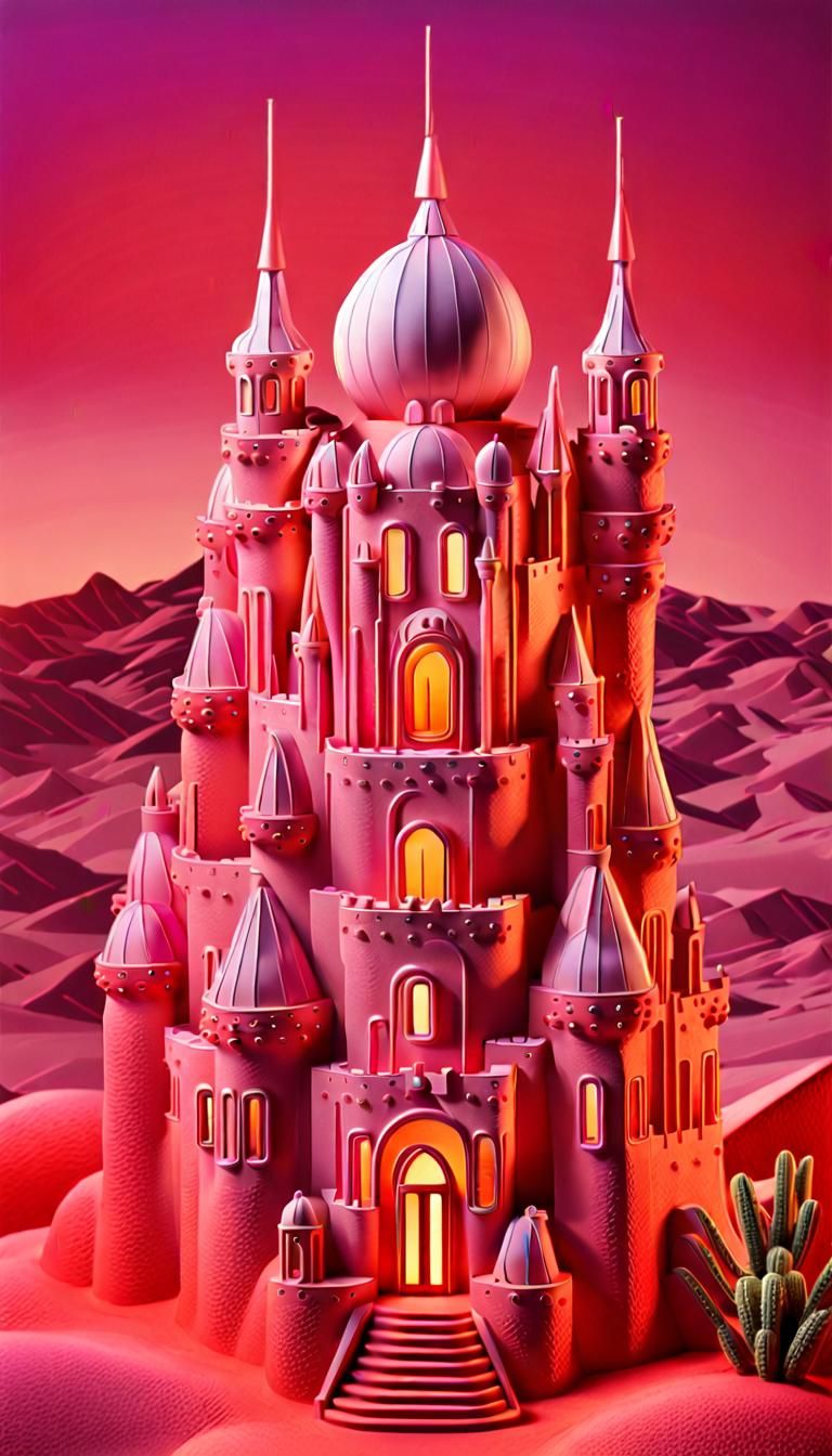 Ethereal Neon Glass Castle in Vibrant Desert Landscape