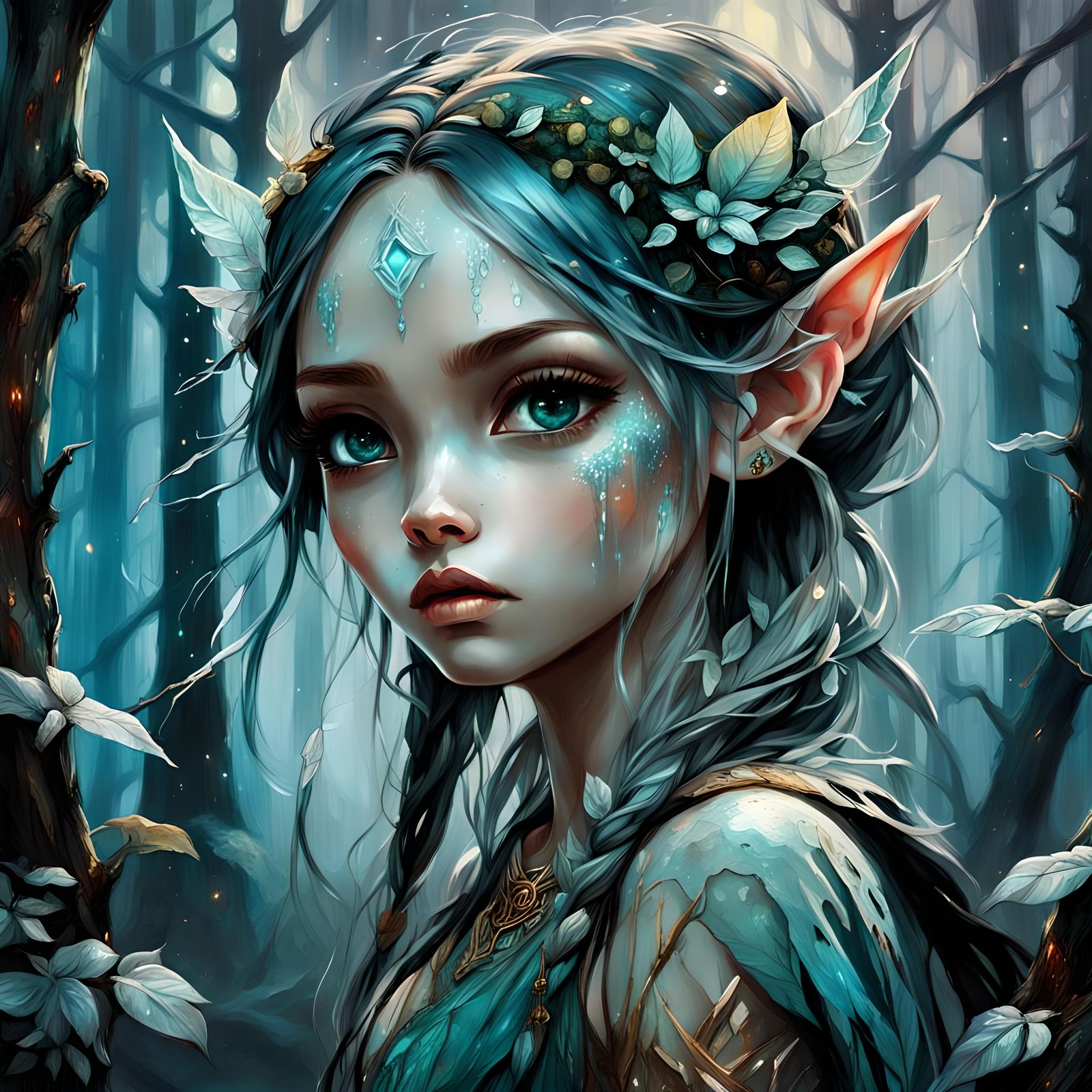 Chibi Elf in Twilight Forest Oil Painting